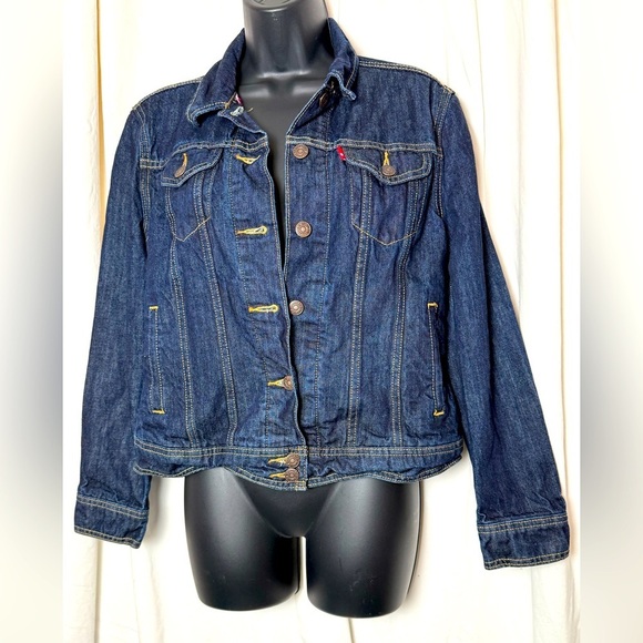 Levi's Women's Sz M Flannel Lined Classic Jean Trucker Jacket Dark Wash Denim - Picture 1 of 7